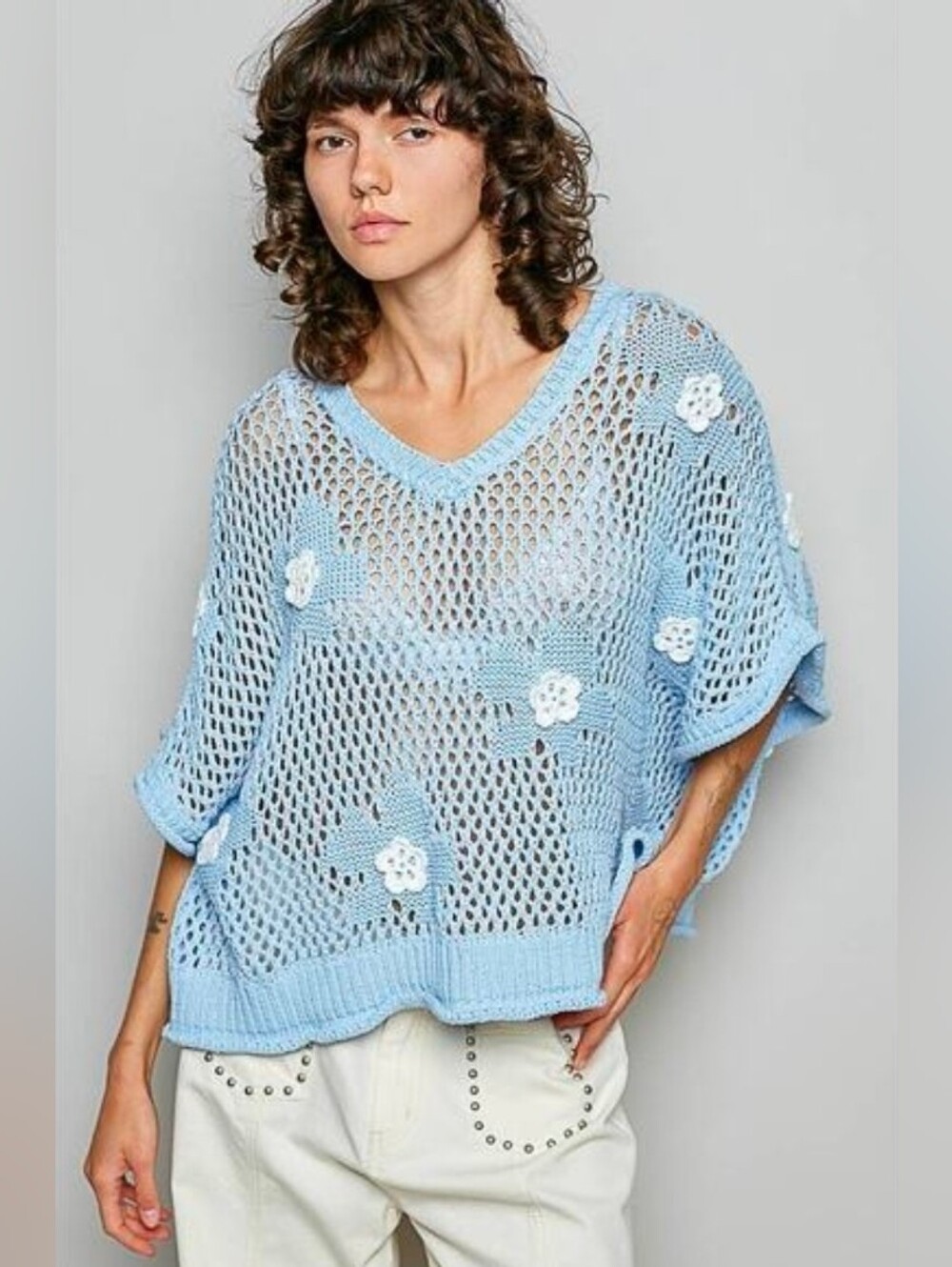 POL"Bloomin Filly" Floral Patch Open Sweater Top Sky Blue Sz S - Picture 2 of 10